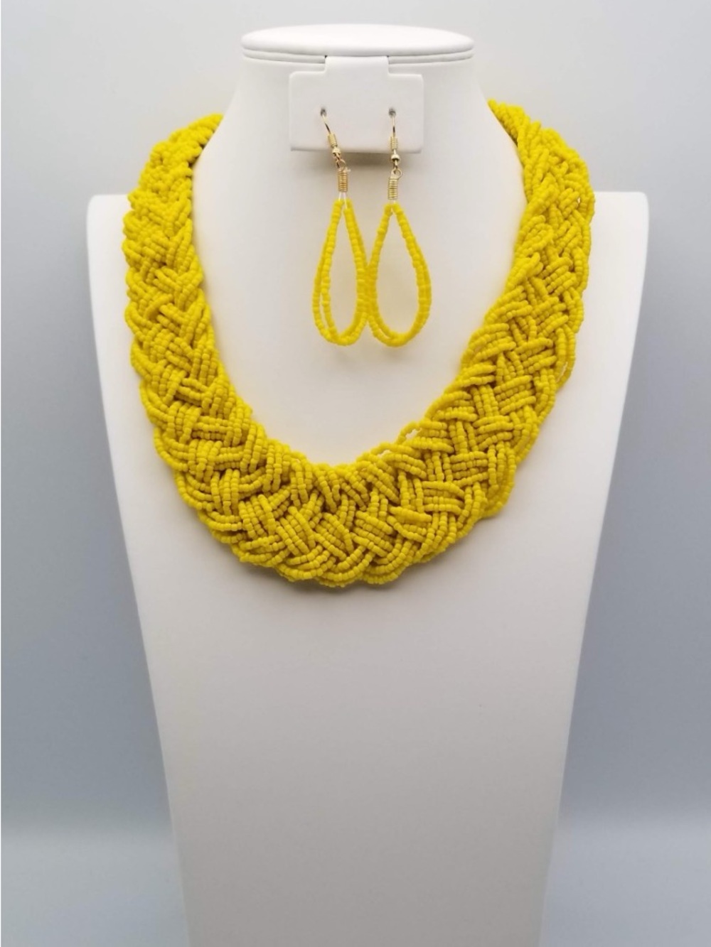 Handmade Braided Seed Bead Necklace and Earrings - Yellow